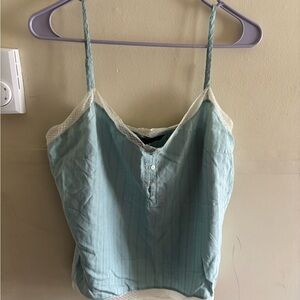 Express Mint Green Button-Up with Lace Trim silk top